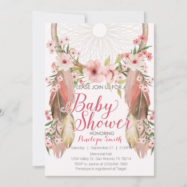 Pink Floral Dreamcatcher Baby Shower Invitation (Front)