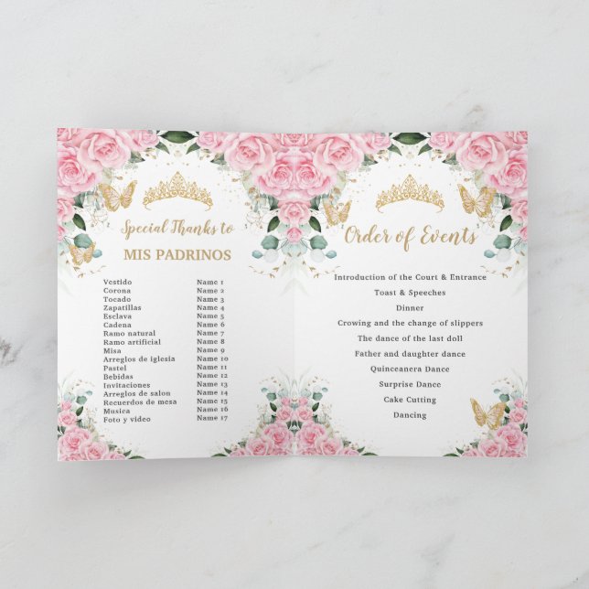 Pink Floral Dress Gold Quinceañera Order of Events Programme (Inside)