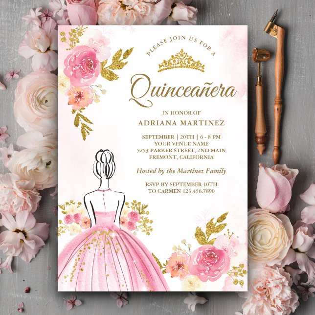 Pink Floral Dress Princess Gold Quinceanera Invitation (Creator Uploaded)