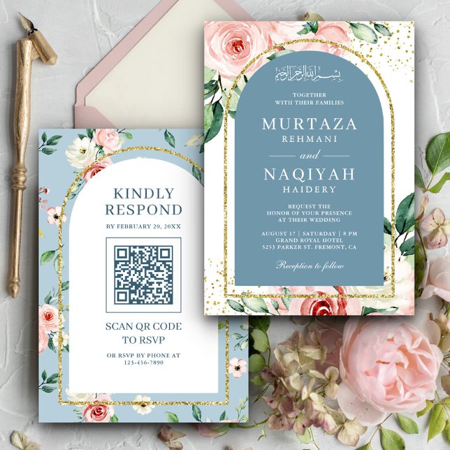 Pink Floral Dusty Blue Arch QR Code Muslim Wedding Invitation (Creator Uploaded)