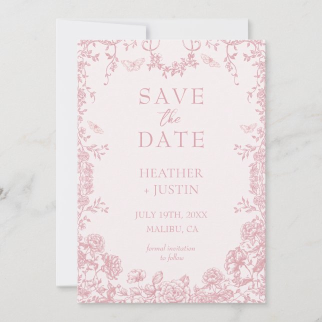 Pink Floral Dusty Blue Wedding Save The Date Card (Front)