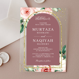 Pink Floral Dusty Rose Arch Muslim Wedding Acrylic Invitations