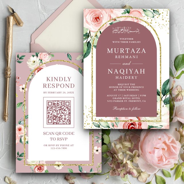 Pink Floral Dusty Rose Arch QR Code Muslim Wedding Invitation (Creator Uploaded)