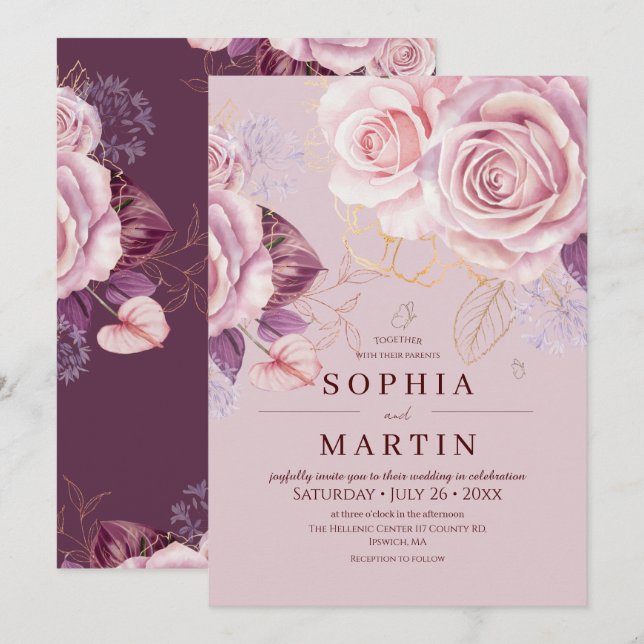 Pink Floral Dusty Roses Boho Wedding  Invitation (Front/Back)