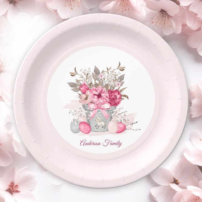 Pink Floral Easter Brunch Egg Hunt Family Name Paper Plate (Pink Floral Easter Brunch Egg Hunt Family Name Paper Plates)