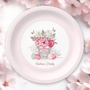 Pink Floral Easter Brunch Egg Hunt Family Name Paper Plate