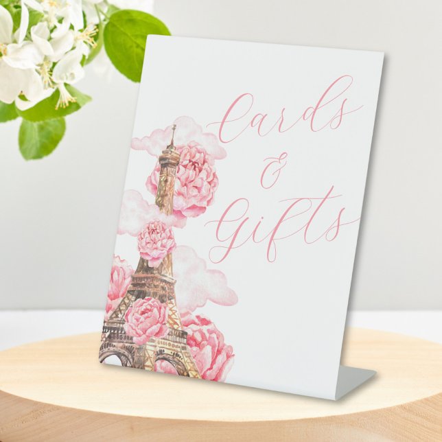 Pink Floral Eiffel Tower Cards Gifts Bridal Shower Pedestal Sign (Creator Uploaded)