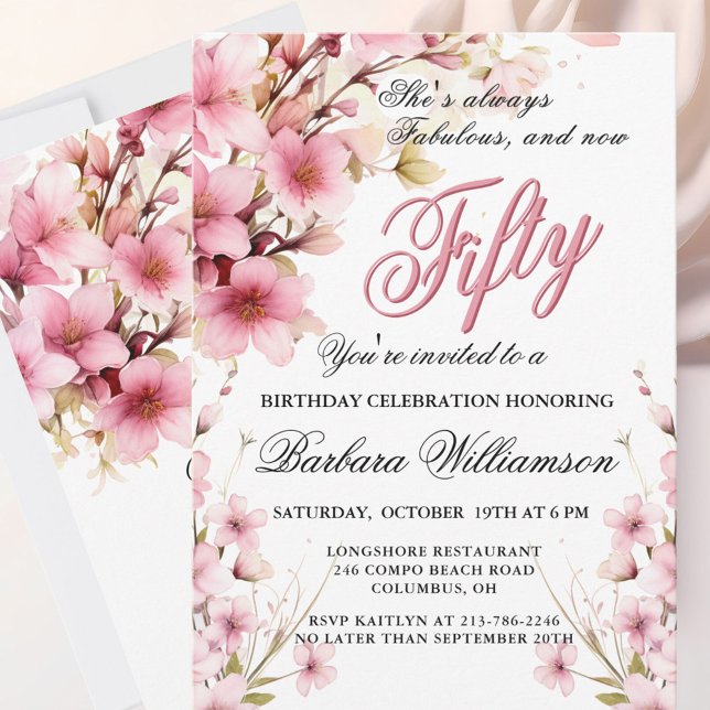 Pink Floral Elegance 50th & Fab Birthday Party Holiday Card (Creator Uploaded)