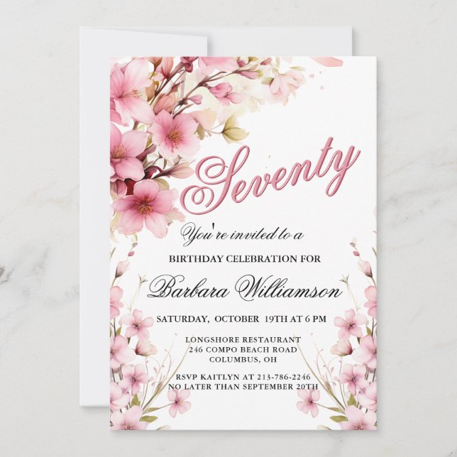 Pink Floral Elegance 70th Birthday Party Invitation (Front)
