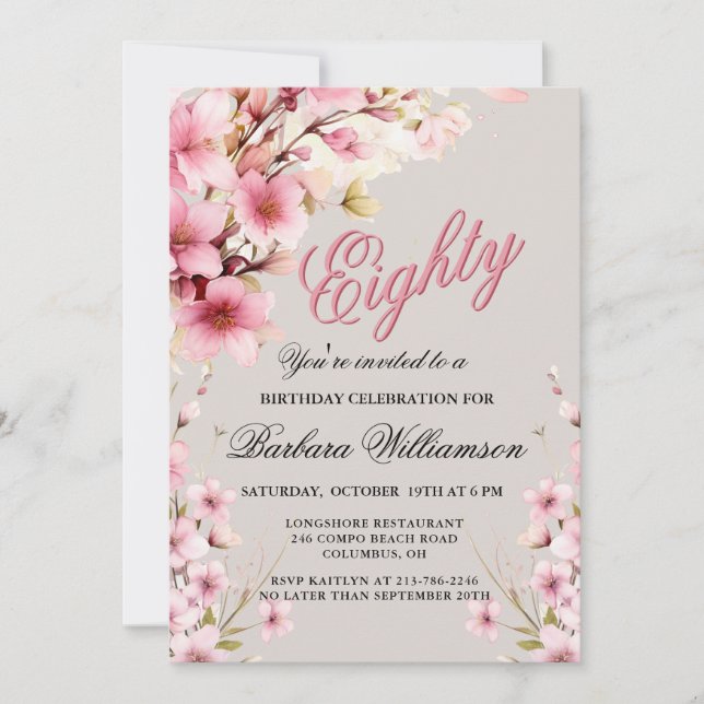 Pink Floral Elegance 80th Birthday Party Invitation (Front)