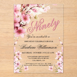 Pink Floral Elegance 90th Birthday Party Acrylic Invitations