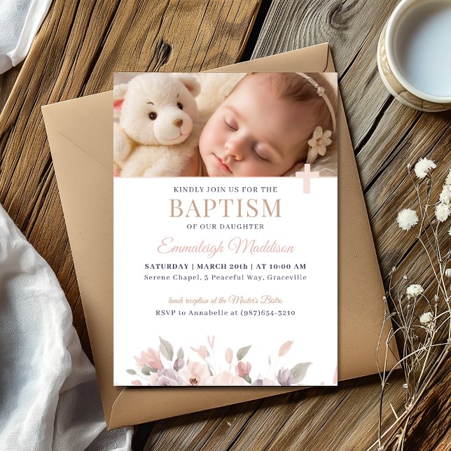 Pink Floral Elegance with Photo and Cross Baptism Invitation (Creator Uploaded)