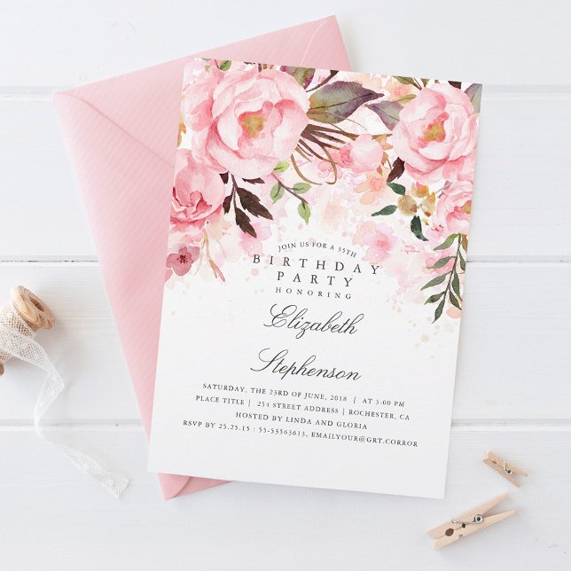 Pink Floral Elegant and Modern Birthday Party Invitation (Creator Uploaded)