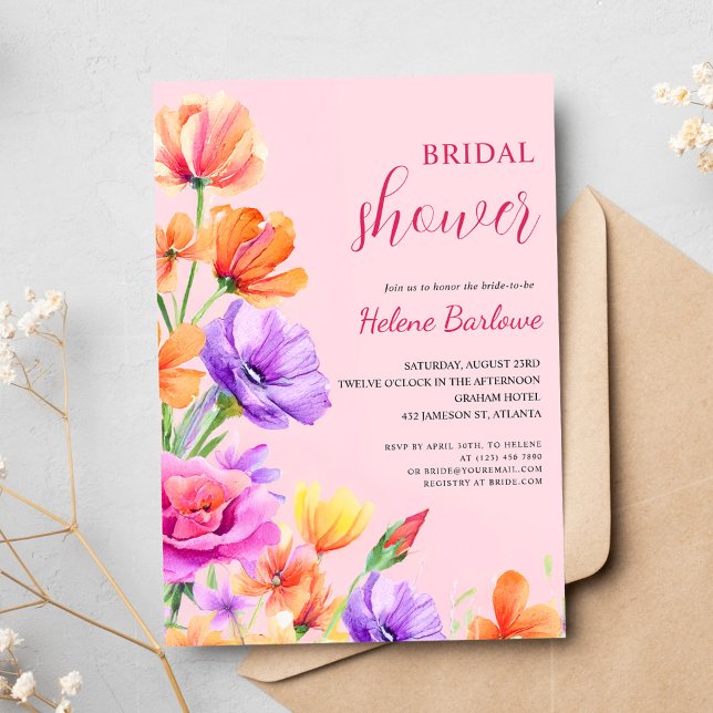 Pink Floral Elegant Boho Wildflower Bridal Shower Invitation (Pink Floral Elegant Boho Wildflower Bridal Shower Invitation)