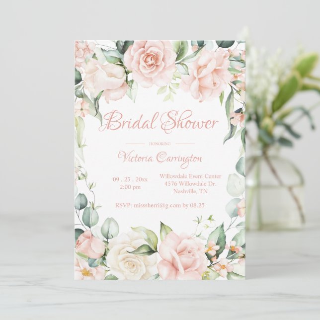 Pink Floral Elegant Bridal Shower Invitation (Standing Front)