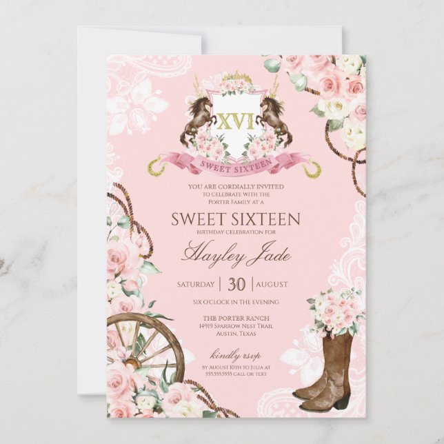 Pink Floral & Elegant Crest Cowgirl Ranch Sweet 16 Invitation (Front)