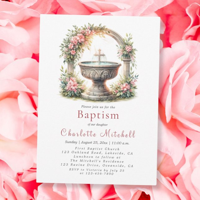 Pink Floral Elegant Cross Baptism  Invitation (Creator Uploaded)