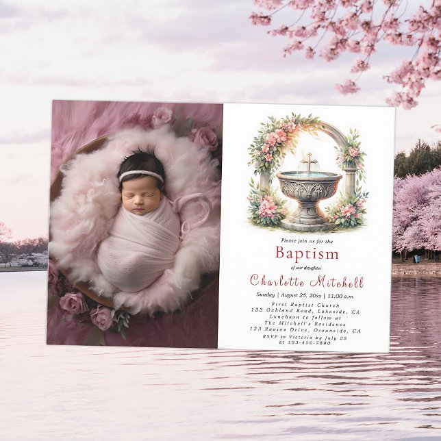 Pink Floral Elegant Cross Baptism Photo Invitation (Creator Uploaded)