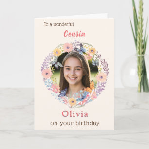 Pink Floral Elegant Female Cousin Photo Birthday Card