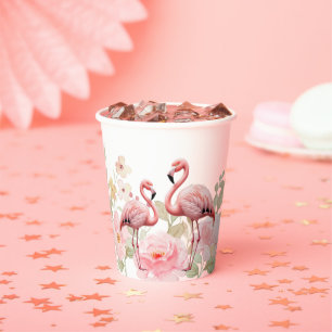 Pink Floral Elegant Flamingo Baby Shower Paper Cups