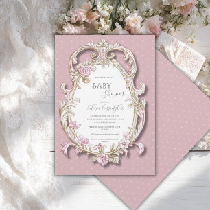 Pink Floral Elegant Gold Frame Baby Shower  Invitation