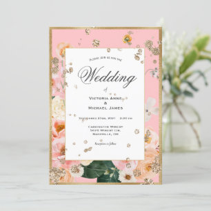 Pink Floral Elegant Gold Wedding Invitation