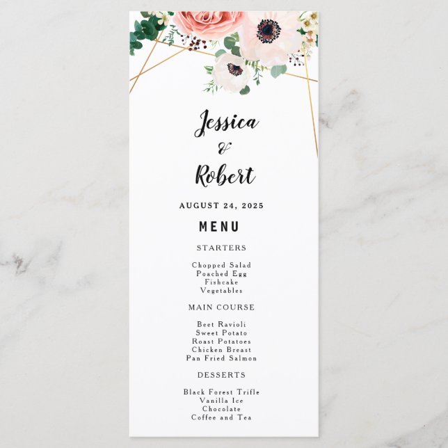 Pink Floral Elegant Modern Flowers Wedding Custom Menu (Front)