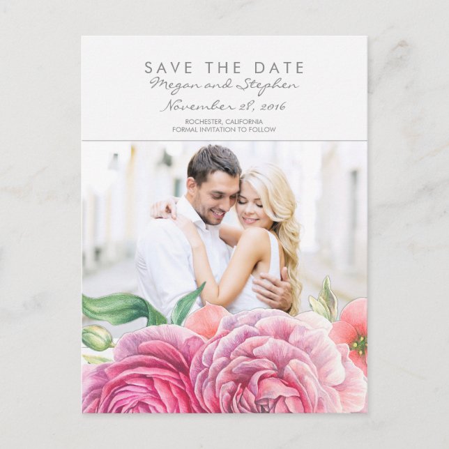Pink Floral Elegant Photo Save the Date Announcement Postcard (Front)