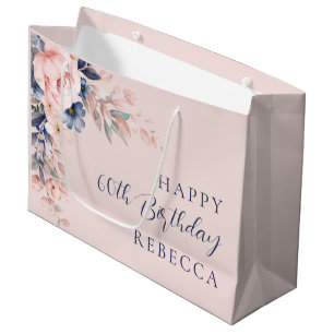 Pink Floral Elegant Script 60th Birthday Any Age Large Gift Bag