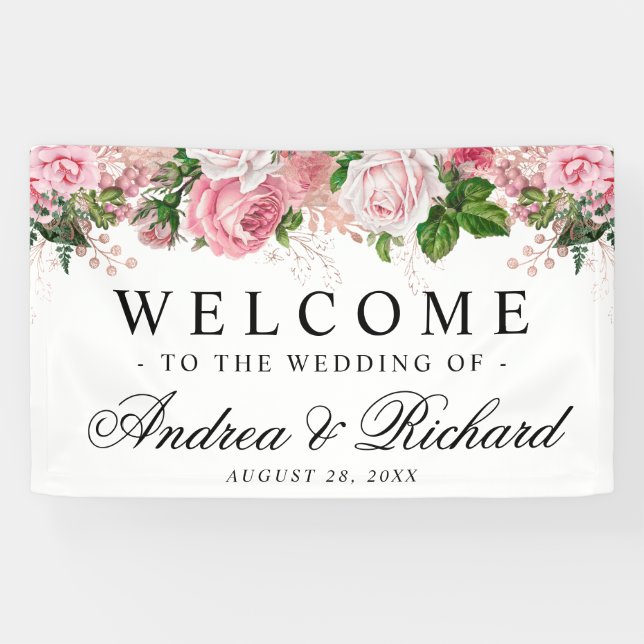 Pink Floral Elegant Welcome Wedding Banner (Horizontal)