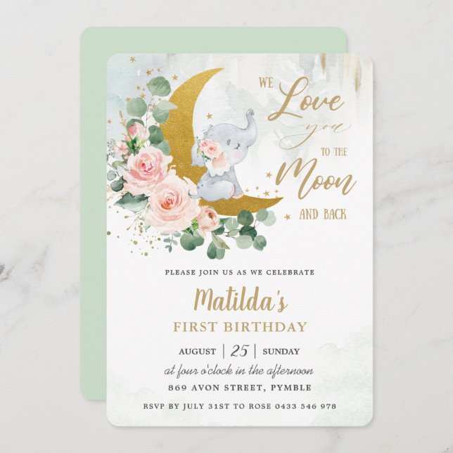 Pink Floral Elephant 1st Birthday Crescent Moon  Invitation (Front/Back)