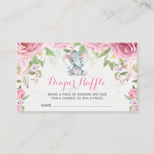 Pink Floral Elephant Baby Diaper Raffle Ticket Enclosure Card (Front)