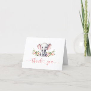 Pink Floral Elephant Baby Girl Shower Thank You Card