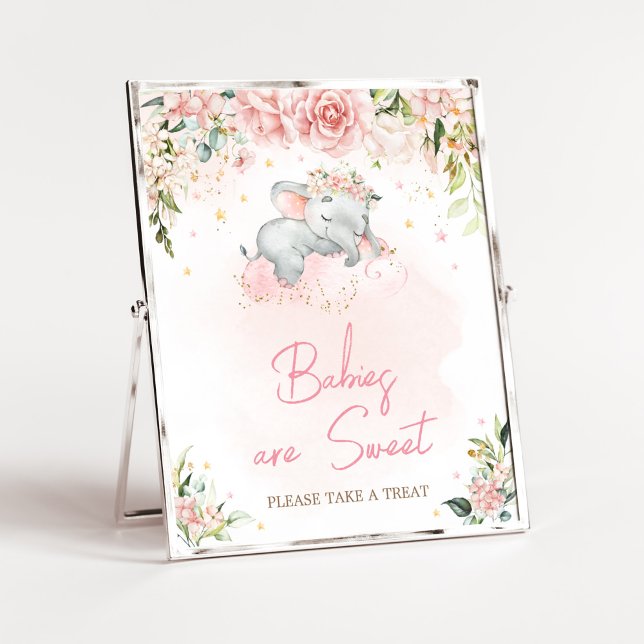 Pink Floral Elephant Baby Shower Babies are Sweet Poster (Pink Floral Sleeping Elephant Baby Shower Babies are Sweet Sign)