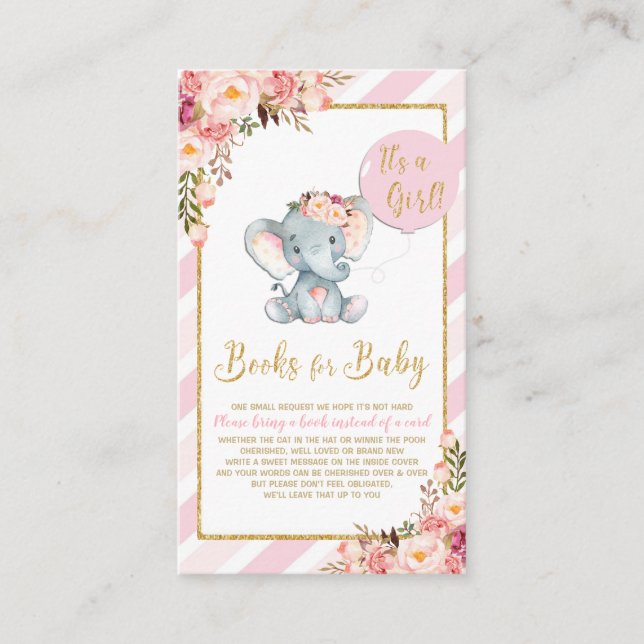 Pink Floral Elephant Baby Shower Bring a Book Card (Front)