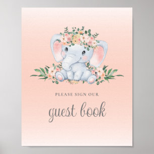 Pink Floral Elephant Baby Shower Guest Book Sign