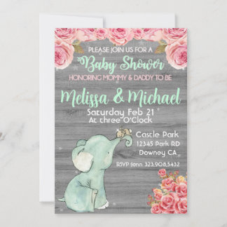 Pink Floral Elephant baby shower invite