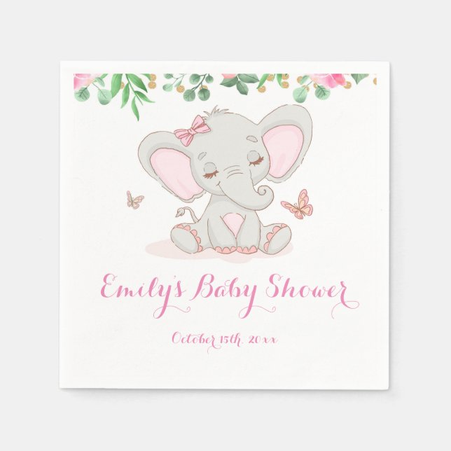 Pink floral elephant baby shower napkin (Front)