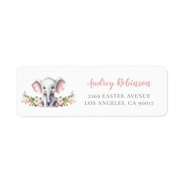 Pink Floral Elephant Baby Shower Return Address (Front)