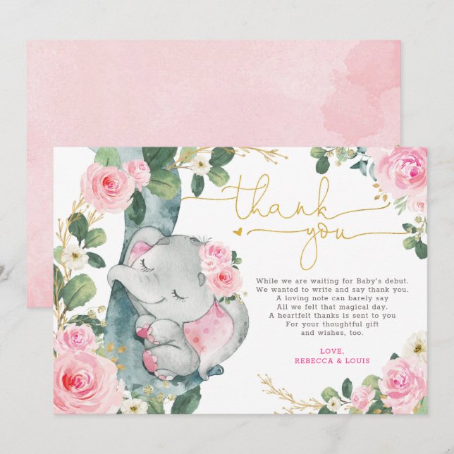 Pink Floral Elephant Baby Shower Thank You Card (Front/Back)