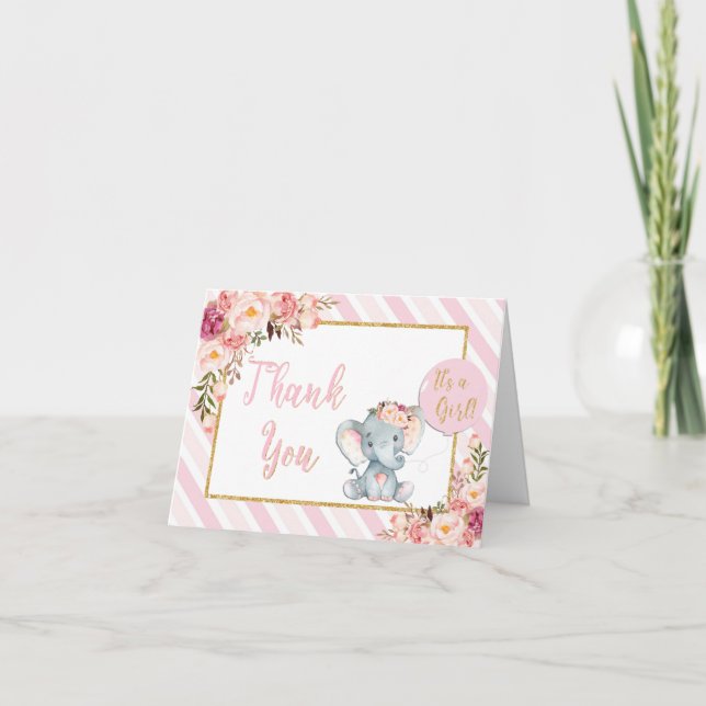 Pink Floral Elephant Baby Shower Thank You Card (Front)
