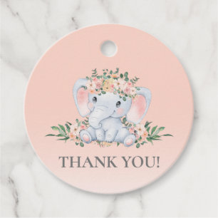 Pink Floral Elephant Baby Shower Thank You Favour Tags