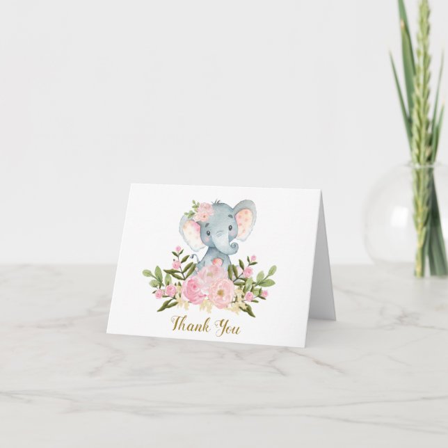 Pink Floral Elephant Baby Shower Thank You Note Card (Front)