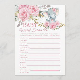 Pink Floral Elephant Baby Word Scramble Game Card