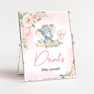 Pink Floral Elephant Balloon Baby Shower Drinks Poster