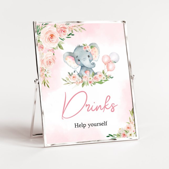 Pink Floral Elephant Balloon Baby Shower Drinks Poster (Floral Balloon Elephant Baby Shower Drinks Sign)