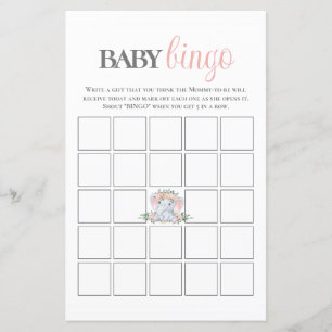Pink Floral Elephant Bingo Baby Shower Game