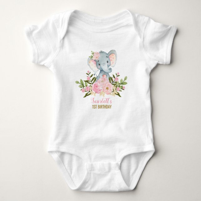 Pink Floral Elephant Bodysuit 1st Birthday Party (Front)