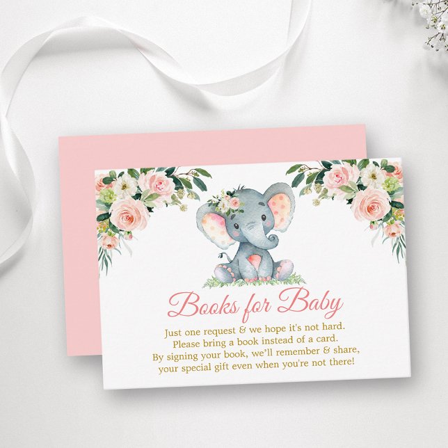 Pink Floral Elephant Books For Baby Shower Gold Enclosure Card (Customize to change text color, style, text size or color of back of card.)