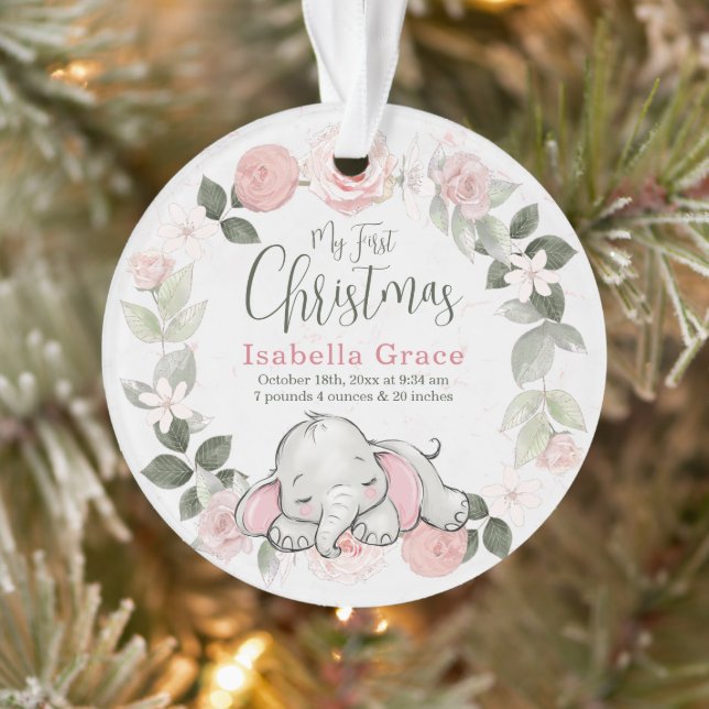 Pink Floral Elephant Girl Baby 1st Christmas Photo Ornament (Tree)